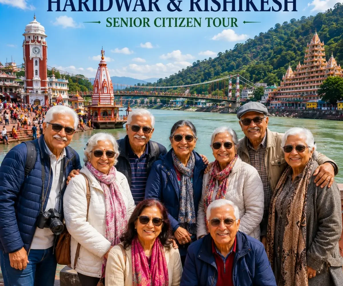 Haridwar Rishikesh Senior Citizen Tour Package featuring Har Ki Pauri, Ganga Aarti, Lakshman Jhula, Ram Jhula and peaceful spiritual experiences.