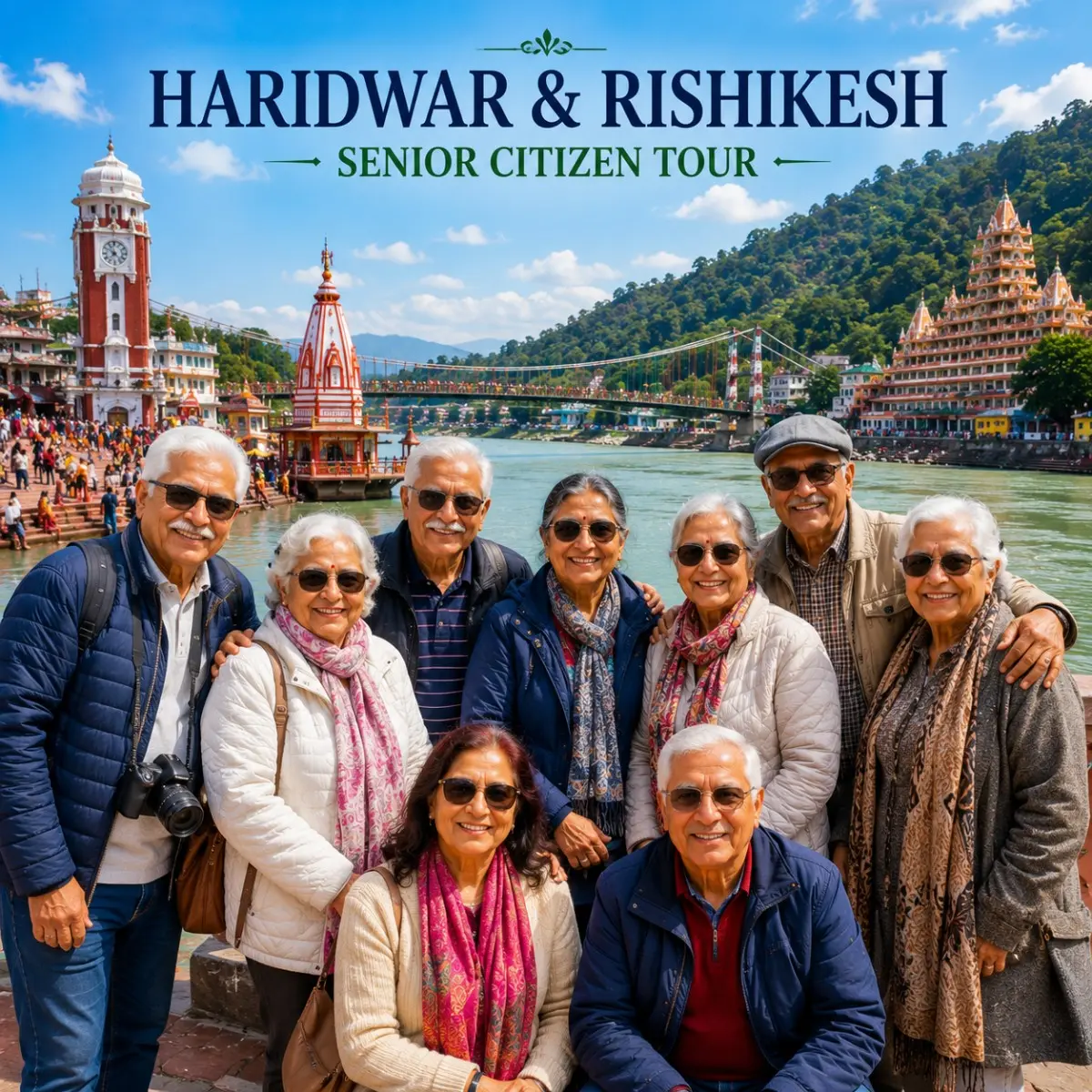 Haridwar Rishikesh Senior Citizen Tour Package featuring Har Ki Pauri, Ganga Aarti, Lakshman Jhula, Ram Jhula and peaceful spiritual experiences.