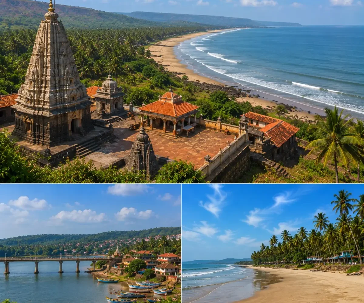 Harihareshwar Shrivardhan Diveagar Tour Package featuring Harihareshwar Beach, Shrivardhan Beach, Diveagar Beach, Harihareshwar Temple and the scenic Konkan coastline.