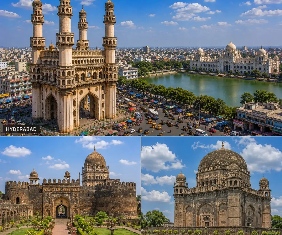 Hyderabad Bidar Kalaburagi Tour Package featuring Charminar, Bidar Fort, Bahmani Tombs, Khwaja Bande Nawaz Dargah and Gol Gumbaz-style heritage architecture.