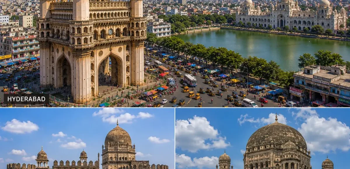 Hyderabad Bidar Kalaburagi Tour Package featuring Charminar, Bidar Fort, Bahmani Tombs, Khwaja Bande Nawaz Dargah and Gol Gumbaz-style heritage architecture.
