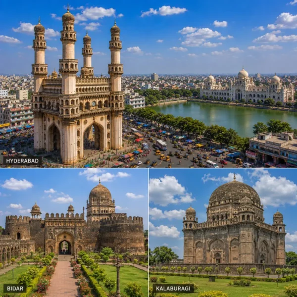 Hyderabad Bidar Kalaburagi Tour Package featuring Charminar, Bidar Fort, Bahmani Tombs, Khwaja Bande Nawaz Dargah and Gol Gumbaz-style heritage architecture.