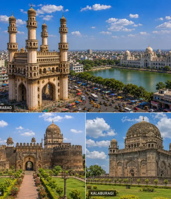 Hyderabad Bidar Kalaburagi Tour Package featuring Charminar, Bidar Fort, Bahmani Tombs, Khwaja Bande Nawaz Dargah and Gol Gumbaz-style heritage architecture.