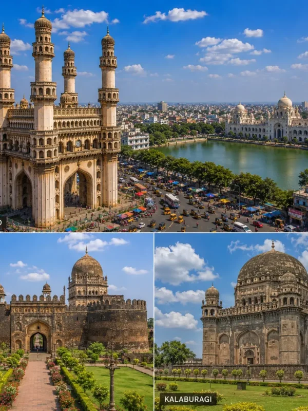 Hyderabad Bidar Kalaburagi Tour Package featuring Charminar, Bidar Fort, Bahmani Tombs, Khwaja Bande Nawaz Dargah and Gol Gumbaz-style heritage architecture.