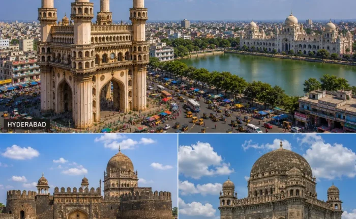Hyderabad Bidar Kalaburagi Tour Package featuring Charminar, Bidar Fort, Bahmani Tombs, Khwaja Bande Nawaz Dargah and Gol Gumbaz-style heritage architecture.