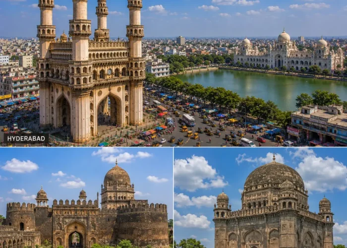 Hyderabad Bidar Kalaburagi Tour Package featuring Charminar, Bidar Fort, Bahmani Tombs, Khwaja Bande Nawaz Dargah and Gol Gumbaz-style heritage architecture.