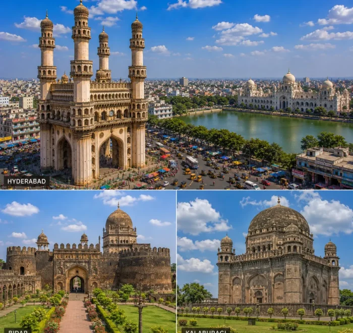 Hyderabad Bidar Kalaburagi Tour Package featuring Charminar, Bidar Fort, Bahmani Tombs, Khwaja Bande Nawaz Dargah and Gol Gumbaz-style heritage architecture.