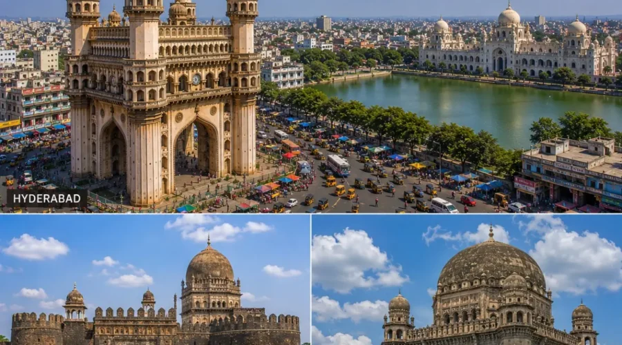 Hyderabad Bidar Kalaburagi Tour Package featuring Charminar, Bidar Fort, Bahmani Tombs, Khwaja Bande Nawaz Dargah and Gol Gumbaz-style heritage architecture.