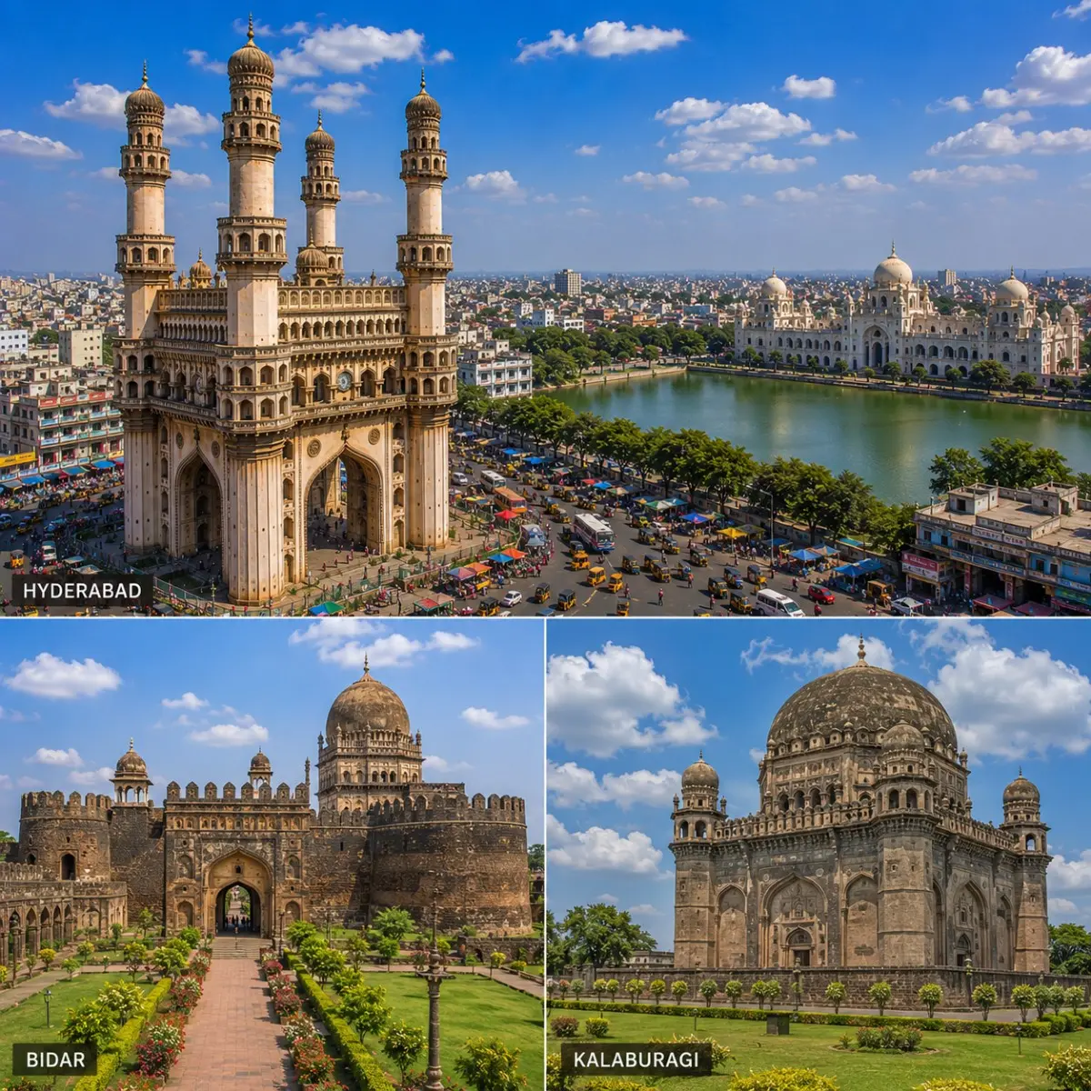 Hyderabad Bidar Kalaburagi Tour Package featuring Charminar, Bidar Fort, Bahmani Tombs, Khwaja Bande Nawaz Dargah and Gol Gumbaz-style heritage architecture.
