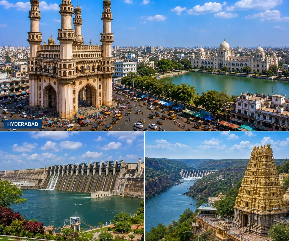 Hyderabad Nagarjuna Sagar Srisailam Tour Package featuring Charminar, Nagarjuna Sagar Dam, Mallikarjuna Swamy Temple, Srisailam Dam and Krishna River.