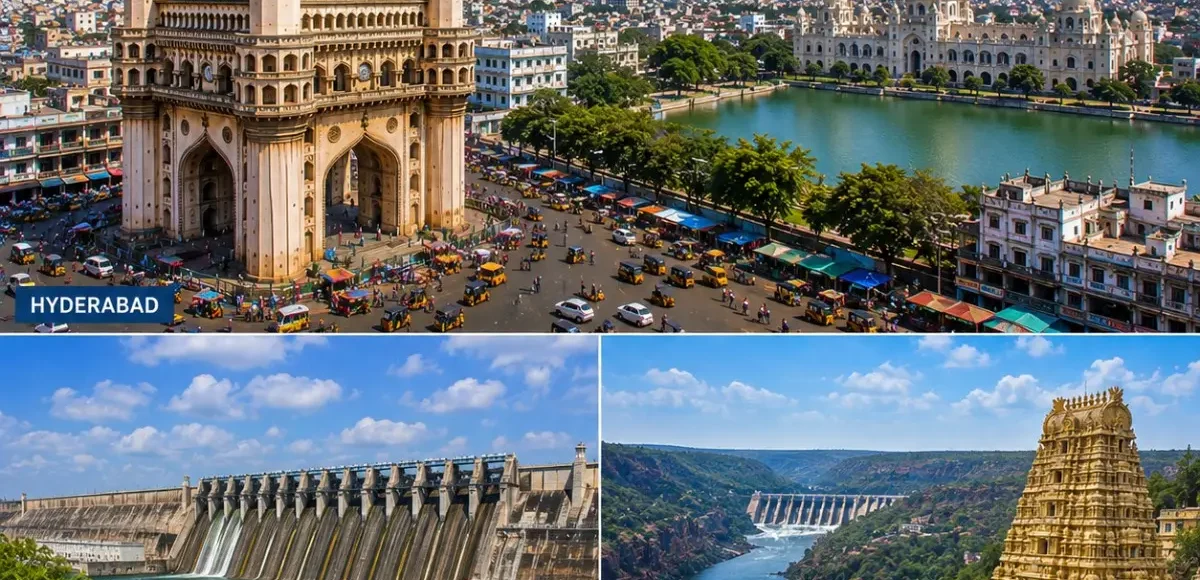 Hyderabad Nagarjuna Sagar Srisailam Tour Package featuring Charminar, Nagarjuna Sagar Dam, Mallikarjuna Swamy Temple, Srisailam Dam and Krishna River.