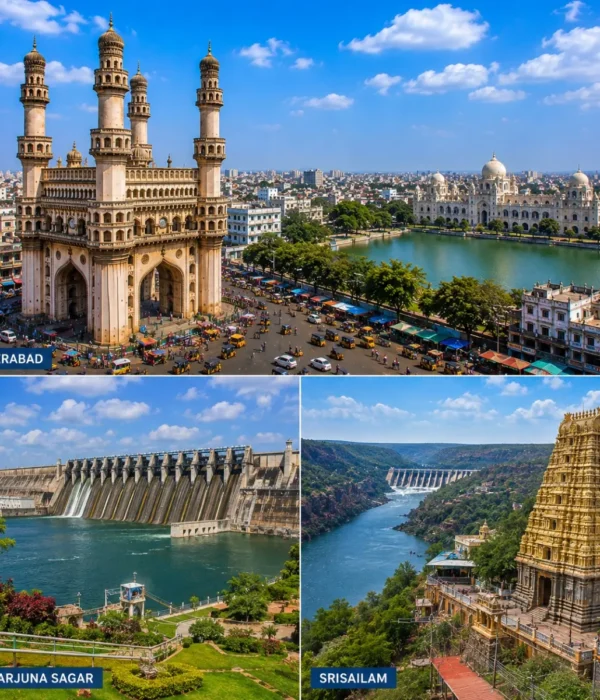 Hyderabad Nagarjuna Sagar Srisailam Tour Package featuring Charminar, Nagarjuna Sagar Dam, Mallikarjuna Swamy Temple, Srisailam Dam and Krishna River.