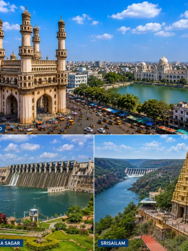 Hyderabad Nagarjuna Sagar Srisailam Tour Package featuring Charminar, Nagarjuna Sagar Dam, Mallikarjuna Swamy Temple, Srisailam Dam and Krishna River.