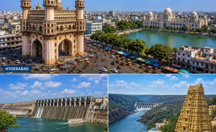 Hyderabad Nagarjuna Sagar Srisailam Tour Package featuring Charminar, Nagarjuna Sagar Dam, Mallikarjuna Swamy Temple, Srisailam Dam and Krishna River.