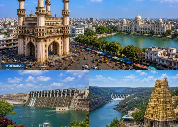 Hyderabad Nagarjuna Sagar Srisailam Tour Package featuring Charminar, Nagarjuna Sagar Dam, Mallikarjuna Swamy Temple, Srisailam Dam and Krishna River.