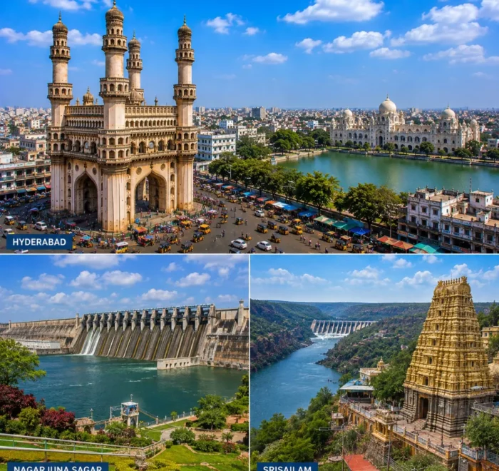 Hyderabad Nagarjuna Sagar Srisailam Tour Package featuring Charminar, Nagarjuna Sagar Dam, Mallikarjuna Swamy Temple, Srisailam Dam and Krishna River.