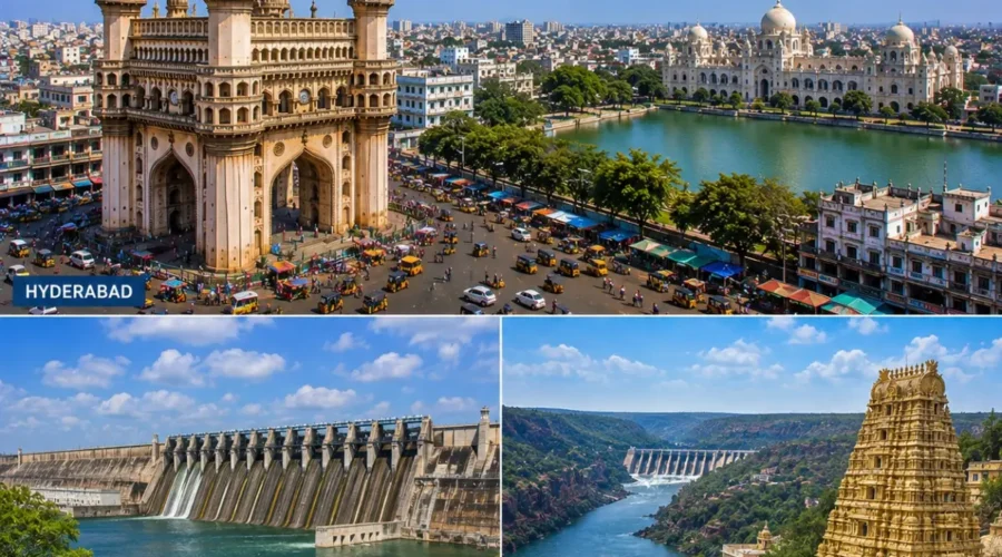 Hyderabad Nagarjuna Sagar Srisailam Tour Package featuring Charminar, Nagarjuna Sagar Dam, Mallikarjuna Swamy Temple, Srisailam Dam and Krishna River.