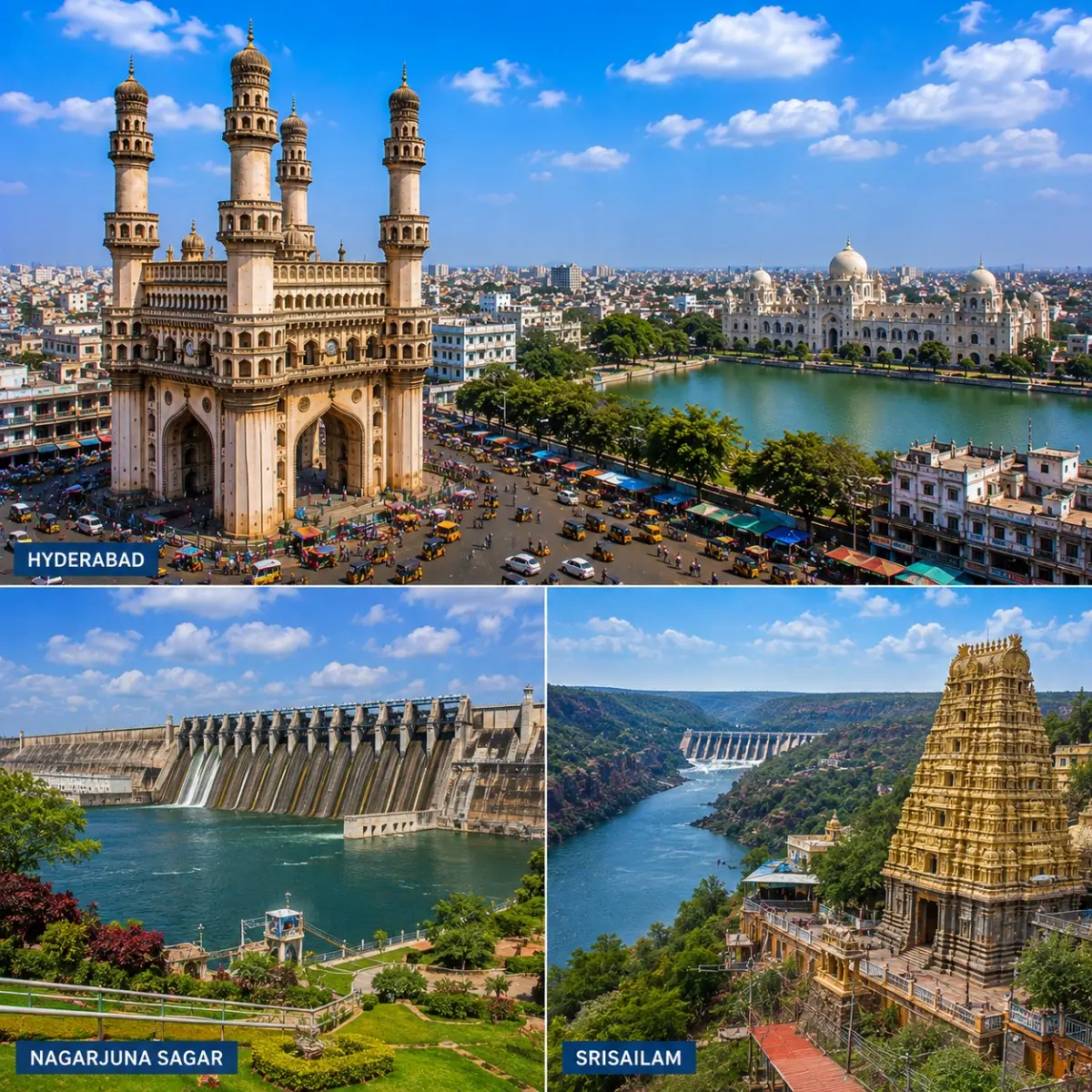 Hyderabad Nagarjuna Sagar Srisailam Tour Package featuring Charminar, Nagarjuna Sagar Dam, Mallikarjuna Swamy Temple, Srisailam Dam and Krishna River.