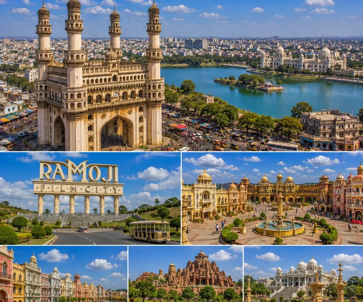Hyderabad Ramoji Film City Tour Package featuring Charminar, Ramoji Film City, Golconda Fort, Hussain Sagar Lake and Chowmahalla Palace.