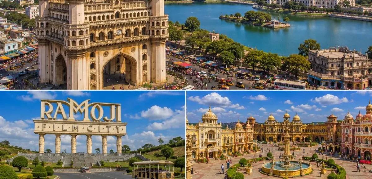 Hyderabad Ramoji Film City Tour Package featuring Charminar, Ramoji Film City, Golconda Fort, Hussain Sagar Lake and Chowmahalla Palace.