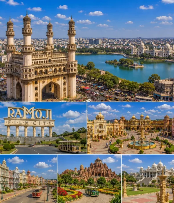 Hyderabad Ramoji Film City Tour Package featuring Charminar, Ramoji Film City, Golconda Fort, Hussain Sagar Lake and Chowmahalla Palace.