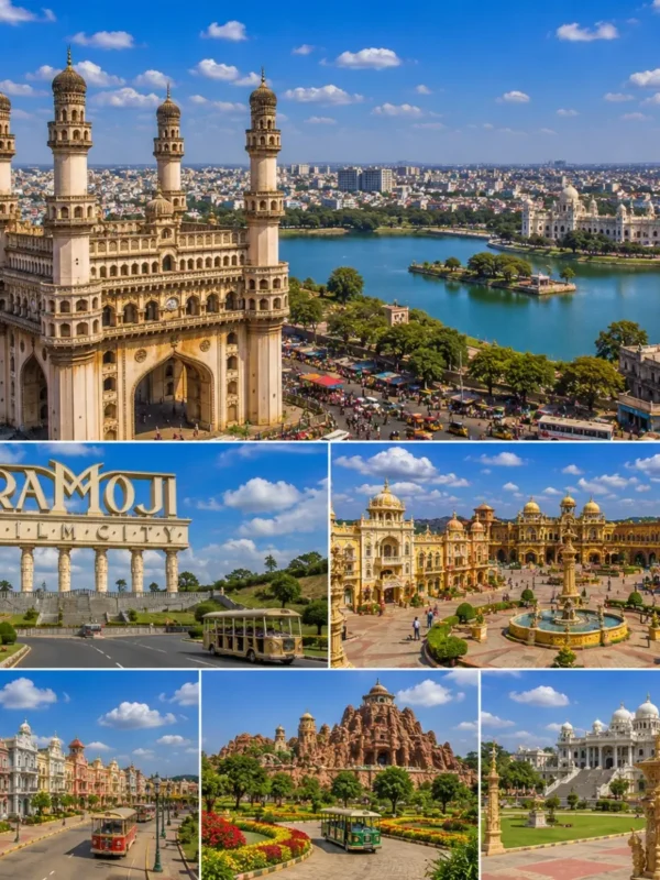 Hyderabad Ramoji Film City Tour Package featuring Charminar, Ramoji Film City, Golconda Fort, Hussain Sagar Lake and Chowmahalla Palace.