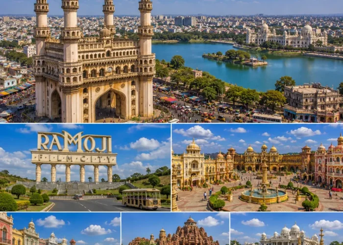 Hyderabad Ramoji Film City Tour Package featuring Charminar, Ramoji Film City, Golconda Fort, Hussain Sagar Lake and Chowmahalla Palace.
