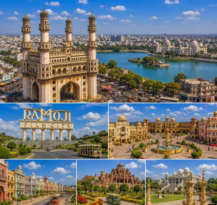 Hyderabad Ramoji Film City Tour Package featuring Charminar, Ramoji Film City, Golconda Fort, Hussain Sagar Lake and Chowmahalla Palace.