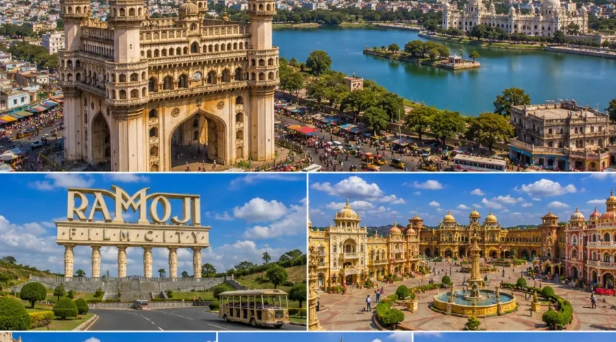 Hyderabad Ramoji Film City Tour Package featuring Charminar, Ramoji Film City, Golconda Fort, Hussain Sagar Lake and Chowmahalla Palace.