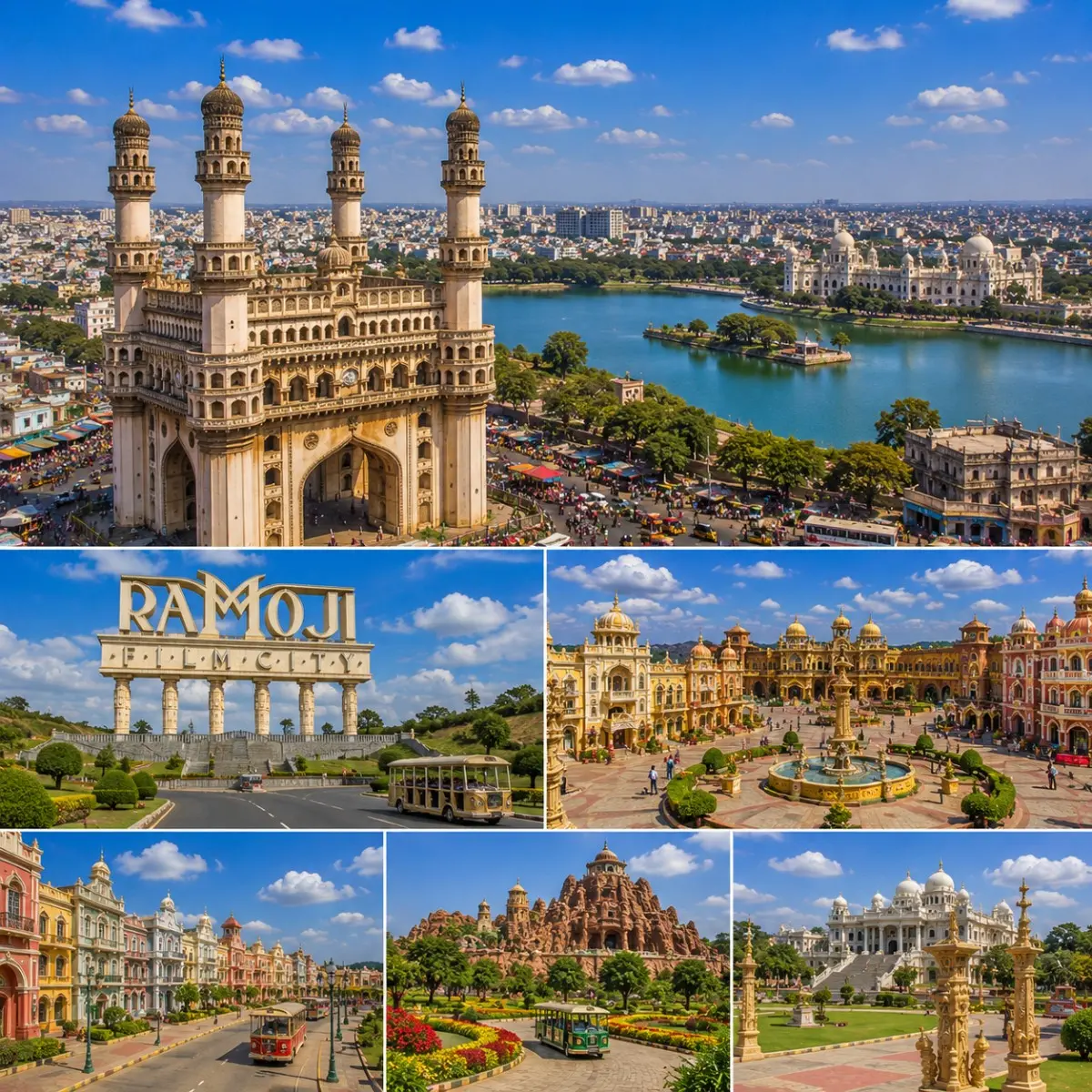 Hyderabad Ramoji Film City Tour Package featuring Charminar, Ramoji Film City, Golconda Fort, Hussain Sagar Lake and Chowmahalla Palace.