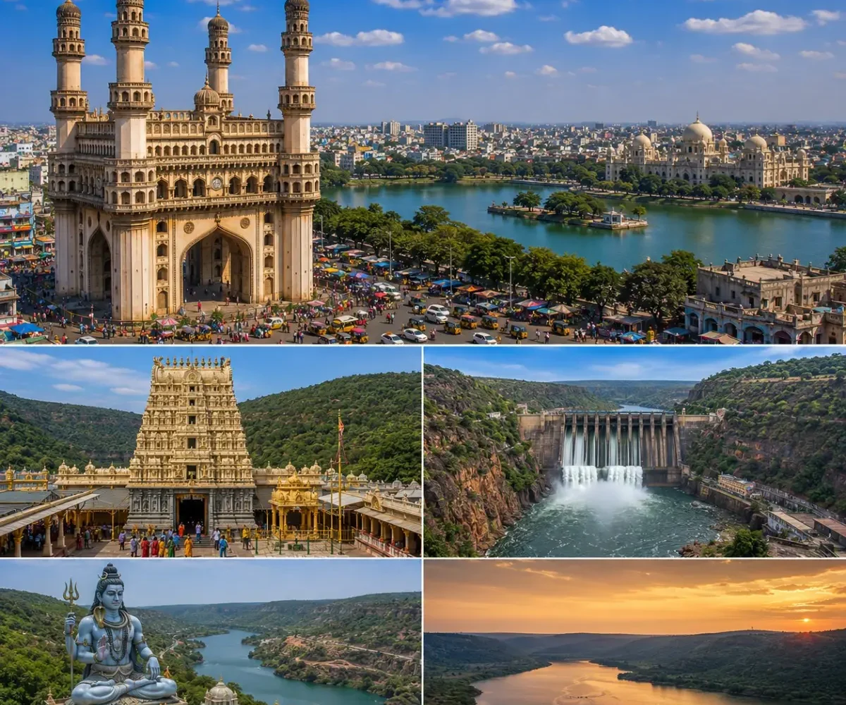 Hyderabad Srisailam Tour Package featuring Charminar, Mallikarjuna Jyotirlinga Temple, Srisailam Dam, Golconda Fort and Krishna River.