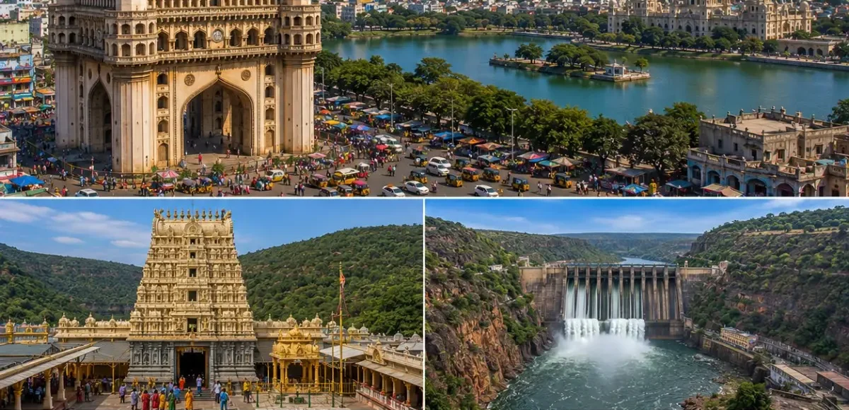 Hyderabad Srisailam Tour Package featuring Charminar, Mallikarjuna Jyotirlinga Temple, Srisailam Dam, Golconda Fort and Krishna River.