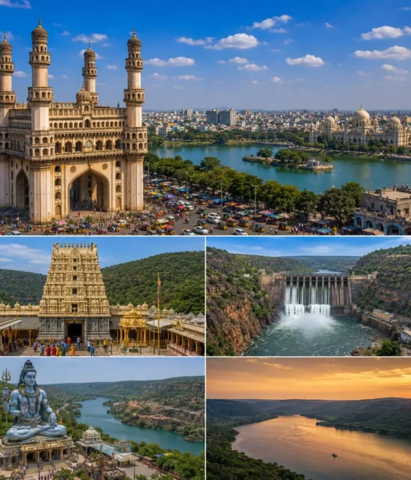 Hyderabad Srisailam Tour Package featuring Charminar, Mallikarjuna Jyotirlinga Temple, Srisailam Dam, Golconda Fort and Krishna River.
