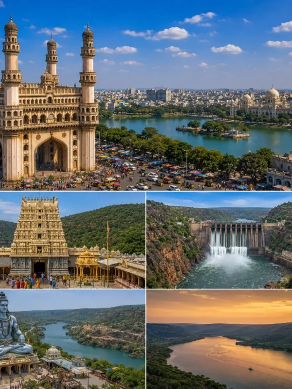 Hyderabad Srisailam Tour Package featuring Charminar, Mallikarjuna Jyotirlinga Temple, Srisailam Dam, Golconda Fort and Krishna River.