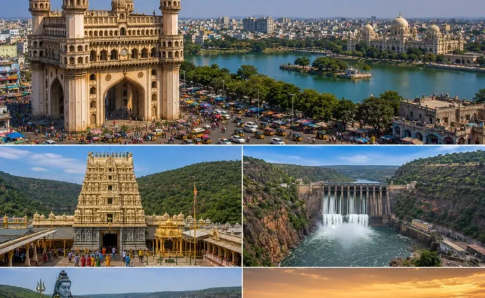 Hyderabad Srisailam Tour Package featuring Charminar, Mallikarjuna Jyotirlinga Temple, Srisailam Dam, Golconda Fort and Krishna River.