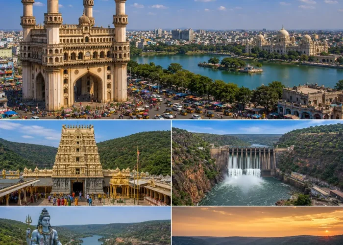 Hyderabad Srisailam Tour Package featuring Charminar, Mallikarjuna Jyotirlinga Temple, Srisailam Dam, Golconda Fort and Krishna River.