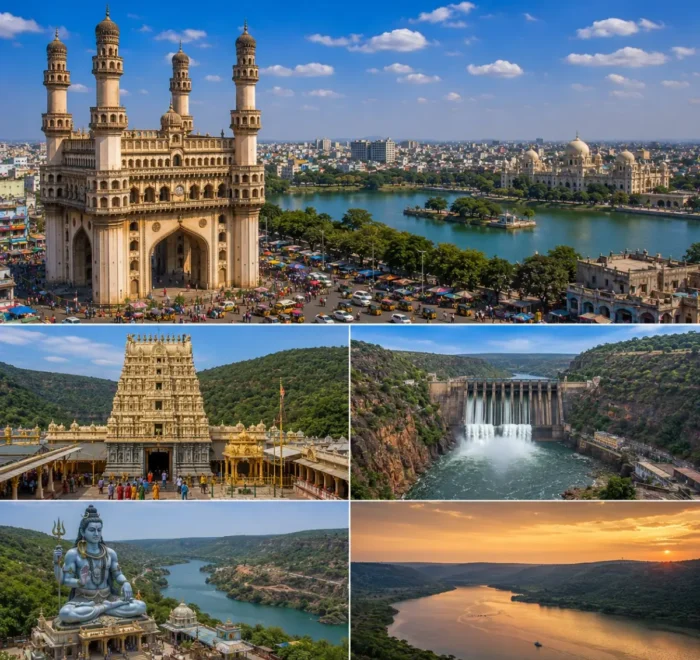 Hyderabad Srisailam Tour Package featuring Charminar, Mallikarjuna Jyotirlinga Temple, Srisailam Dam, Golconda Fort and Krishna River.