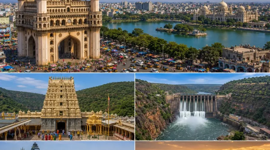Hyderabad Srisailam Tour Package featuring Charminar, Mallikarjuna Jyotirlinga Temple, Srisailam Dam, Golconda Fort and Krishna River.