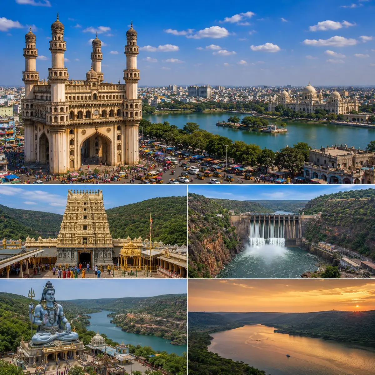 Hyderabad Srisailam Tour Package featuring Charminar, Mallikarjuna Jyotirlinga Temple, Srisailam Dam, Golconda Fort and Krishna River.