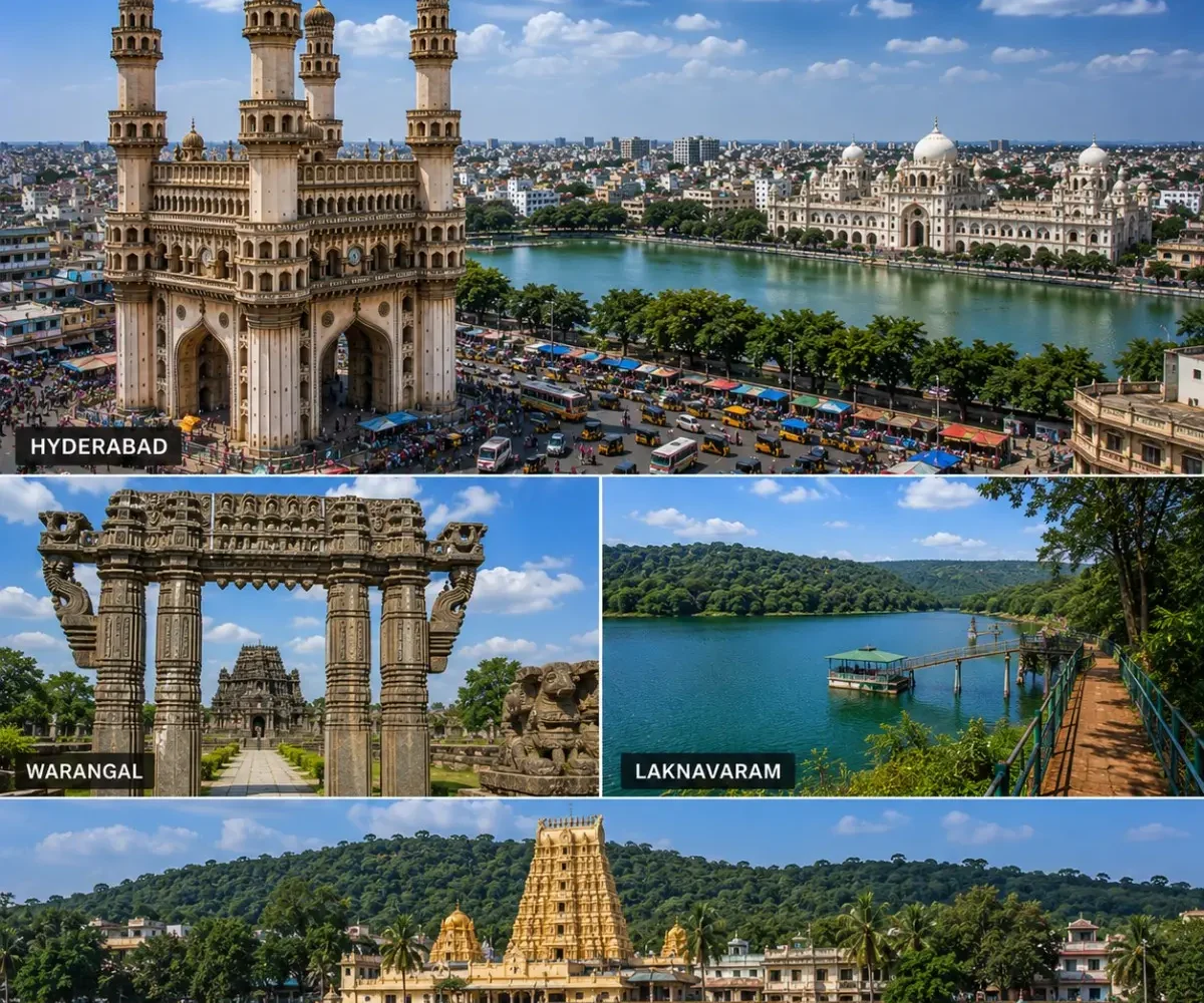 Hyderabad Warangal Laknavaram Bhadrachalam Tour Package featuring Charminar, Warangal Fort, Laknavaram Lake, Sri Sita Ramachandra Swamy Temple and Thousand Pillar Temple.