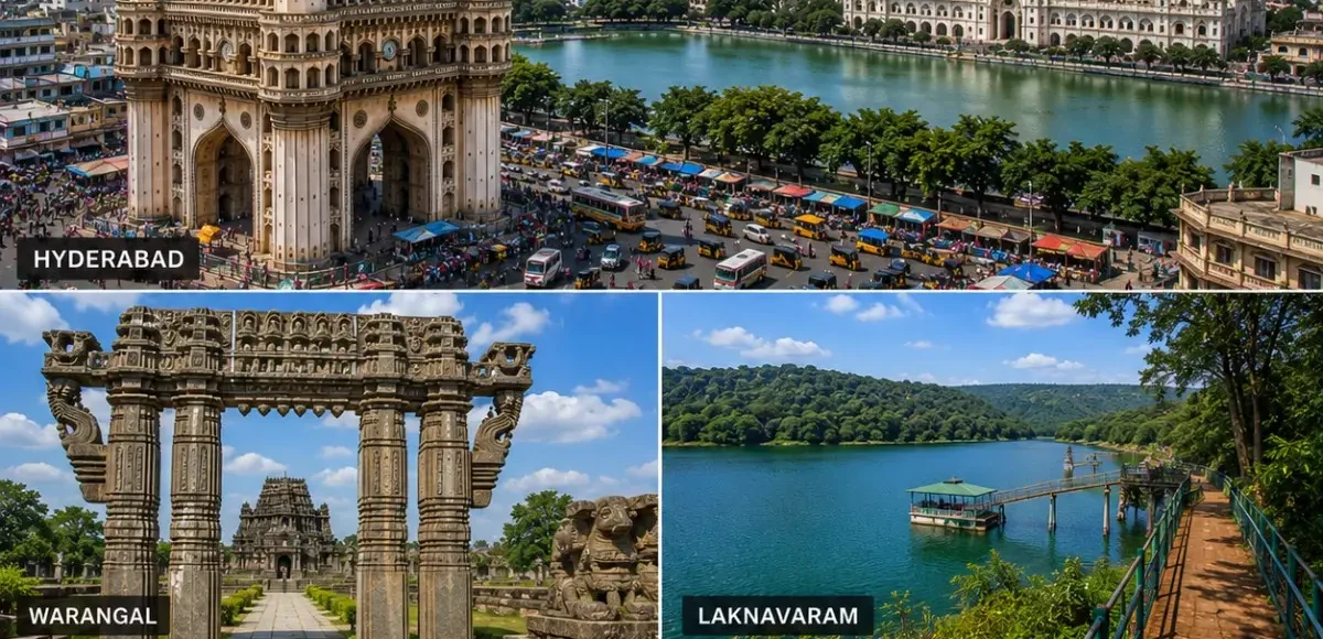 Hyderabad Warangal Laknavaram Bhadrachalam Tour Package featuring Charminar, Warangal Fort, Laknavaram Lake, Sri Sita Ramachandra Swamy Temple and Thousand Pillar Temple.