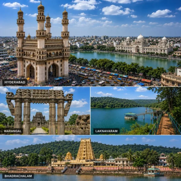 Hyderabad Warangal Laknavaram Bhadrachalam Tour Package featuring Charminar, Warangal Fort, Laknavaram Lake, Sri Sita Ramachandra Swamy Temple and Thousand Pillar Temple.