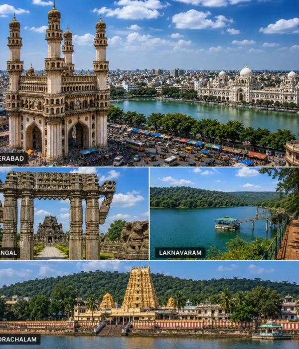 Hyderabad Warangal Laknavaram Bhadrachalam Tour Package featuring Charminar, Warangal Fort, Laknavaram Lake, Sri Sita Ramachandra Swamy Temple and Thousand Pillar Temple.