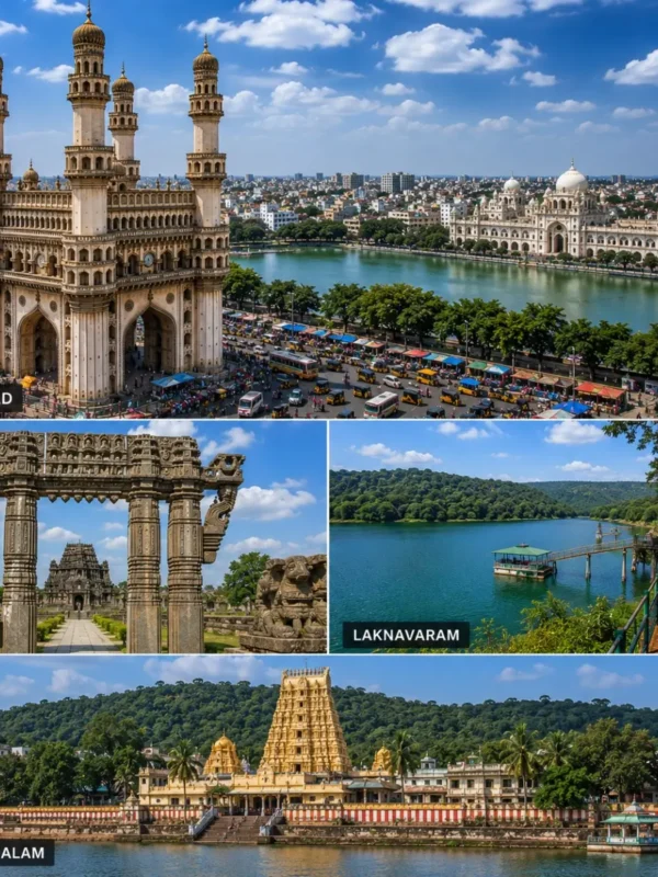 Hyderabad Warangal Laknavaram Bhadrachalam Tour Package featuring Charminar, Warangal Fort, Laknavaram Lake, Sri Sita Ramachandra Swamy Temple and Thousand Pillar Temple.
