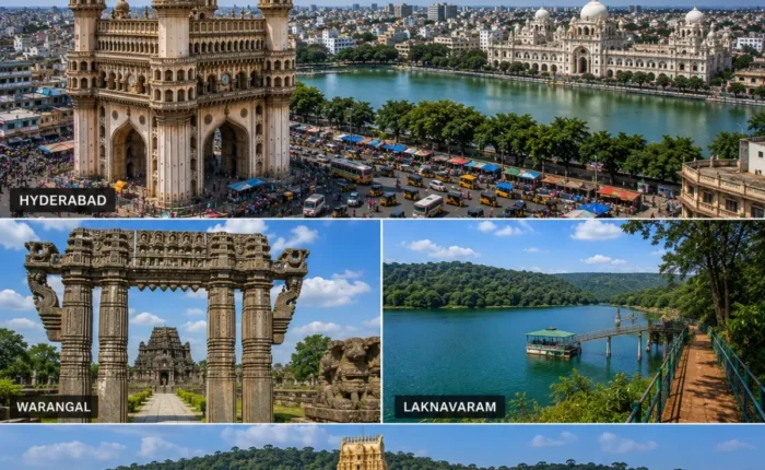 Hyderabad Warangal Laknavaram Bhadrachalam Tour Package featuring Charminar, Warangal Fort, Laknavaram Lake, Sri Sita Ramachandra Swamy Temple and Thousand Pillar Temple.