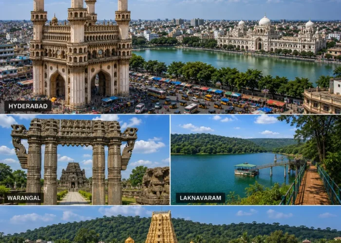 Hyderabad Warangal Laknavaram Bhadrachalam Tour Package featuring Charminar, Warangal Fort, Laknavaram Lake, Sri Sita Ramachandra Swamy Temple and Thousand Pillar Temple.