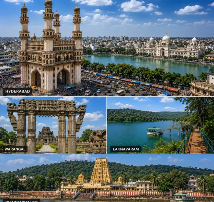 Hyderabad Warangal Laknavaram Bhadrachalam Tour Package featuring Charminar, Warangal Fort, Laknavaram Lake, Sri Sita Ramachandra Swamy Temple and Thousand Pillar Temple.