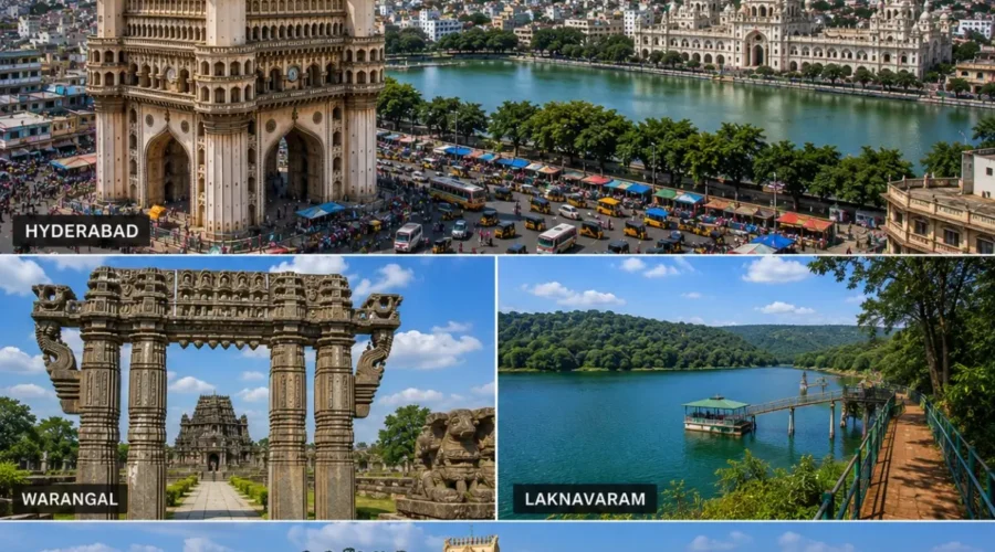 Hyderabad Warangal Laknavaram Bhadrachalam Tour Package featuring Charminar, Warangal Fort, Laknavaram Lake, Sri Sita Ramachandra Swamy Temple and Thousand Pillar Temple.