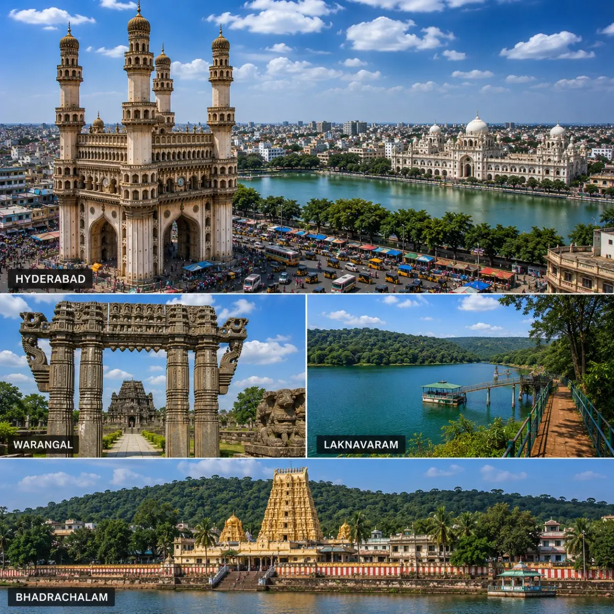 Hyderabad Warangal Laknavaram Bhadrachalam Tour Package featuring Charminar, Warangal Fort, Laknavaram Lake, Sri Sita Ramachandra Swamy Temple and Thousand Pillar Temple.