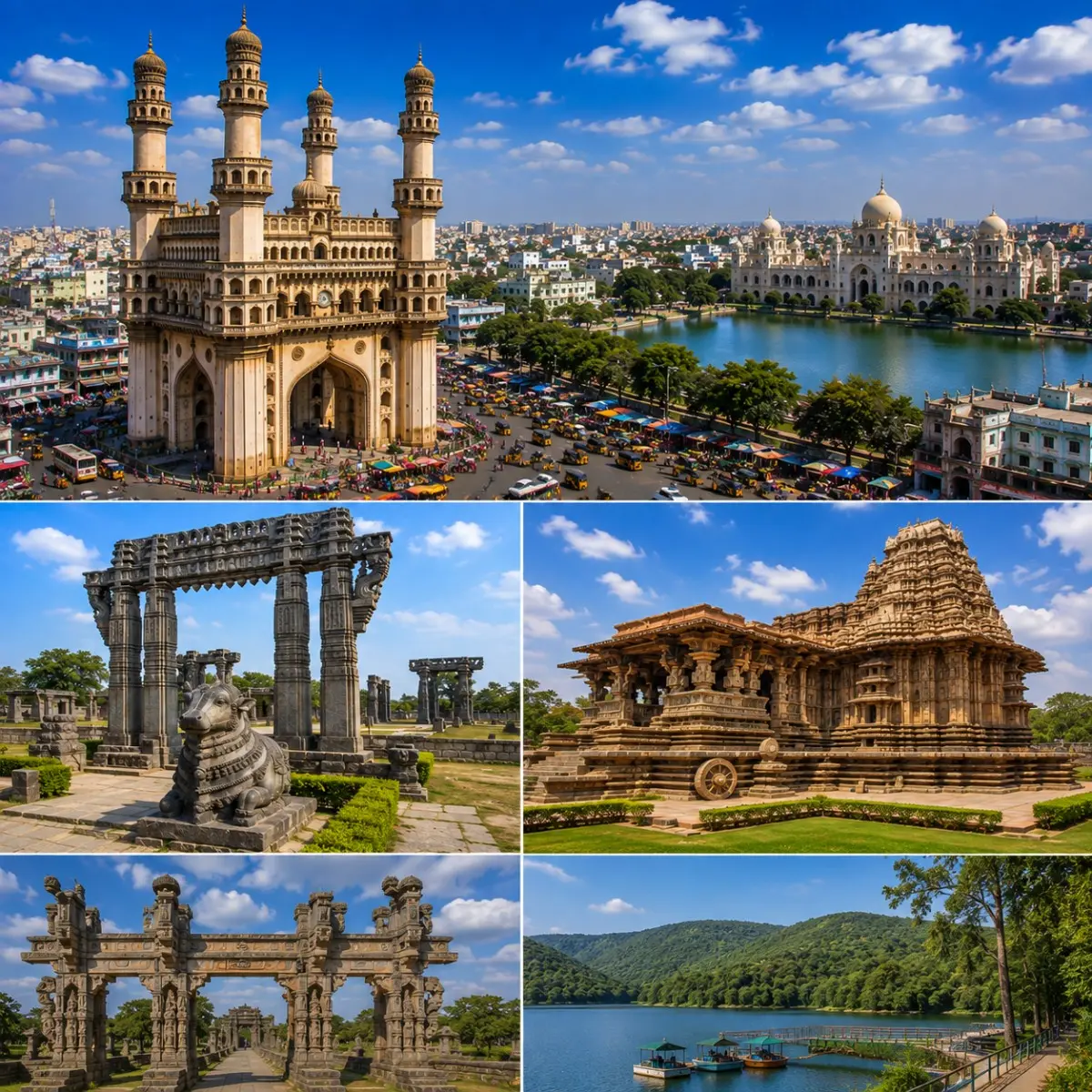 Hyderabad Warangal Ramappa Laknavaram Tour Package featuring Charminar, Warangal Fort, Ramappa Temple, Laknavaram Lake and Thousand Pillar Temple.